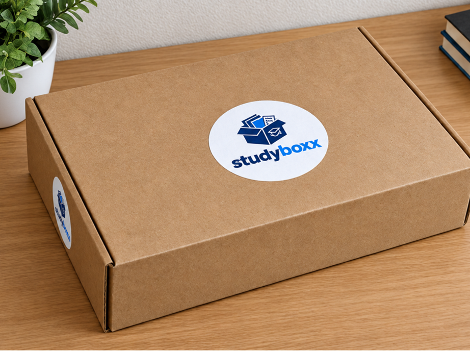 Closed StudyBoxx kraft box with round studyboxx sticker